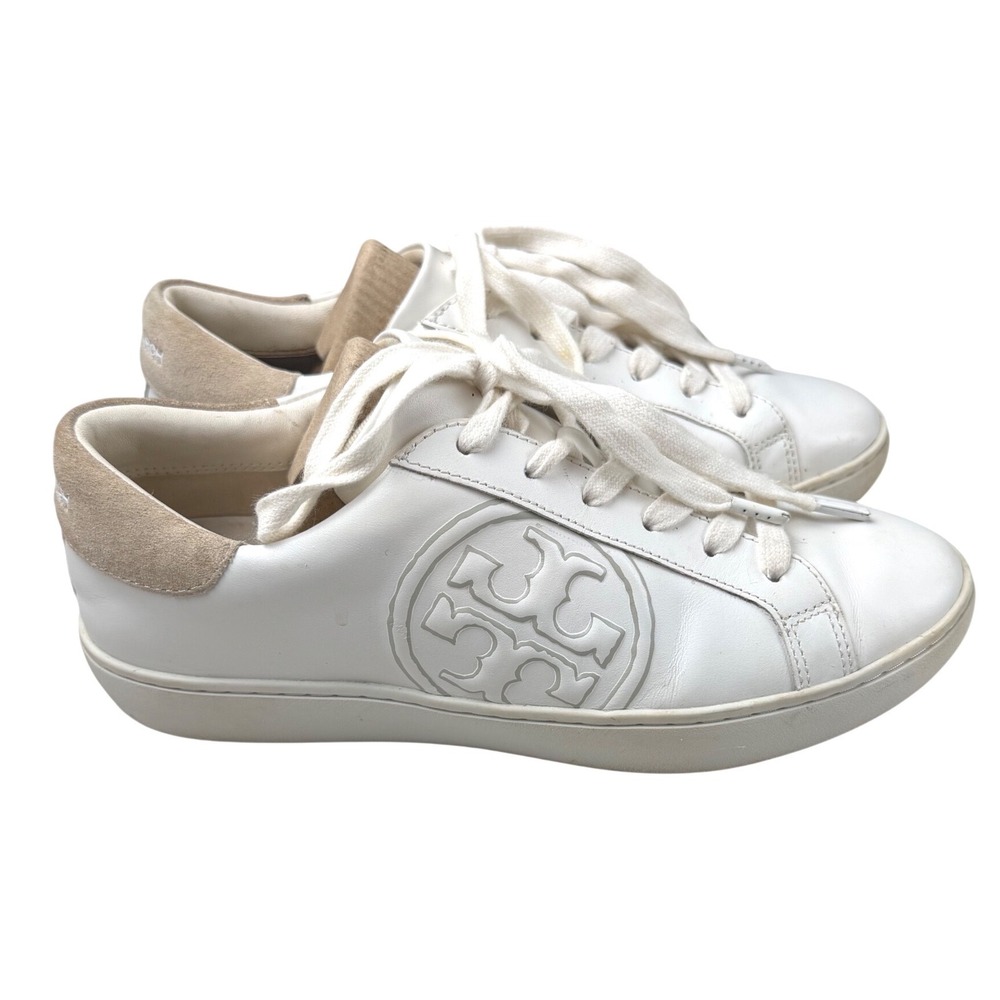Tory Burch Howell Court Sneakers White Leather Tan Suede Logo Shoes